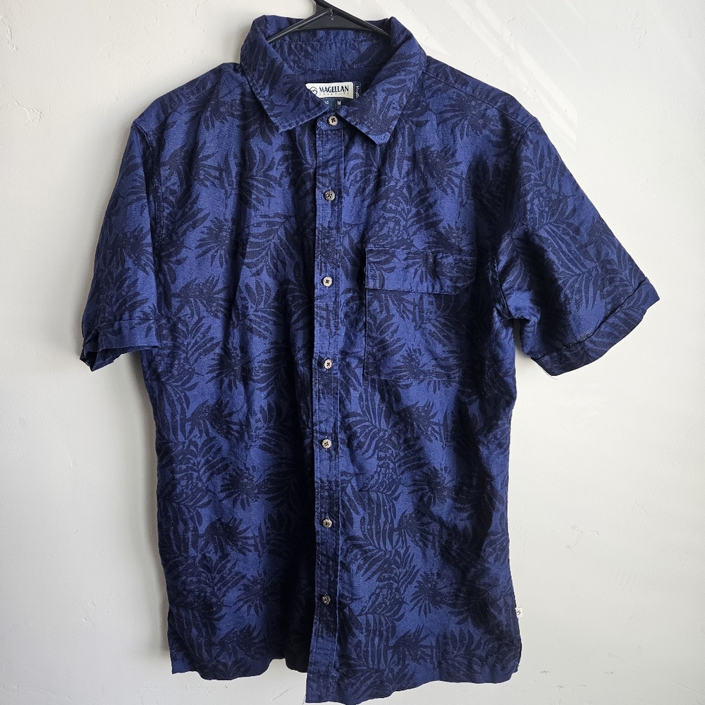 Magellan Short Sleeve Button Down Sz M Dark Blue Floral Linen Cotton Blend